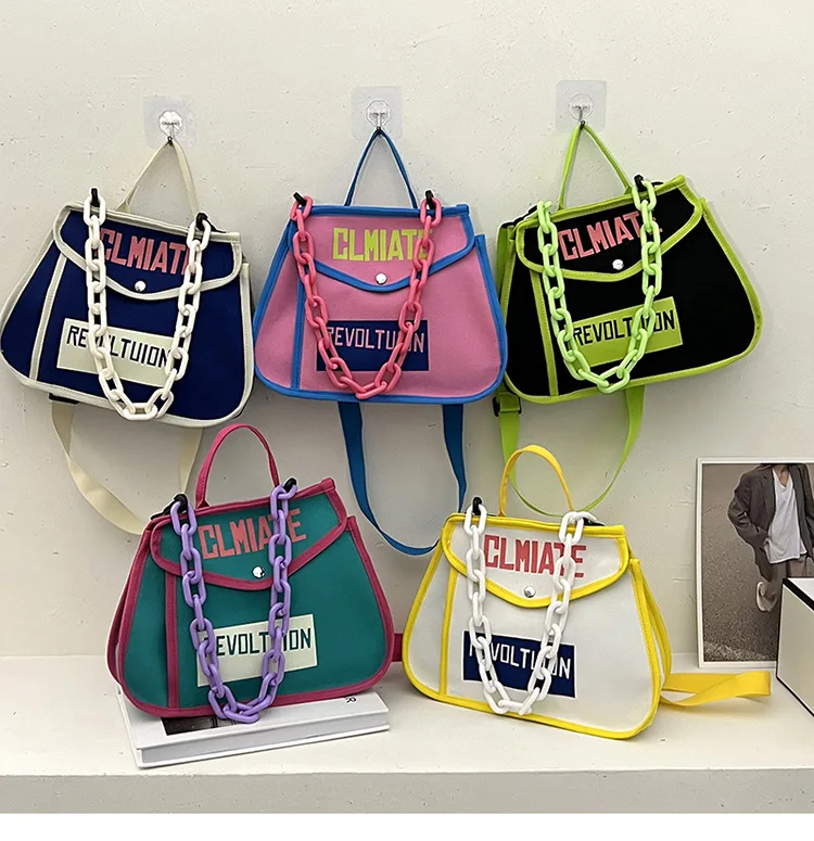 Luxury Handbags Designer Patchwork Color Chain Canvas Shoulder Bag Korean Cute Crossbody Ladies Hand Bags For Women Y2K Fashion