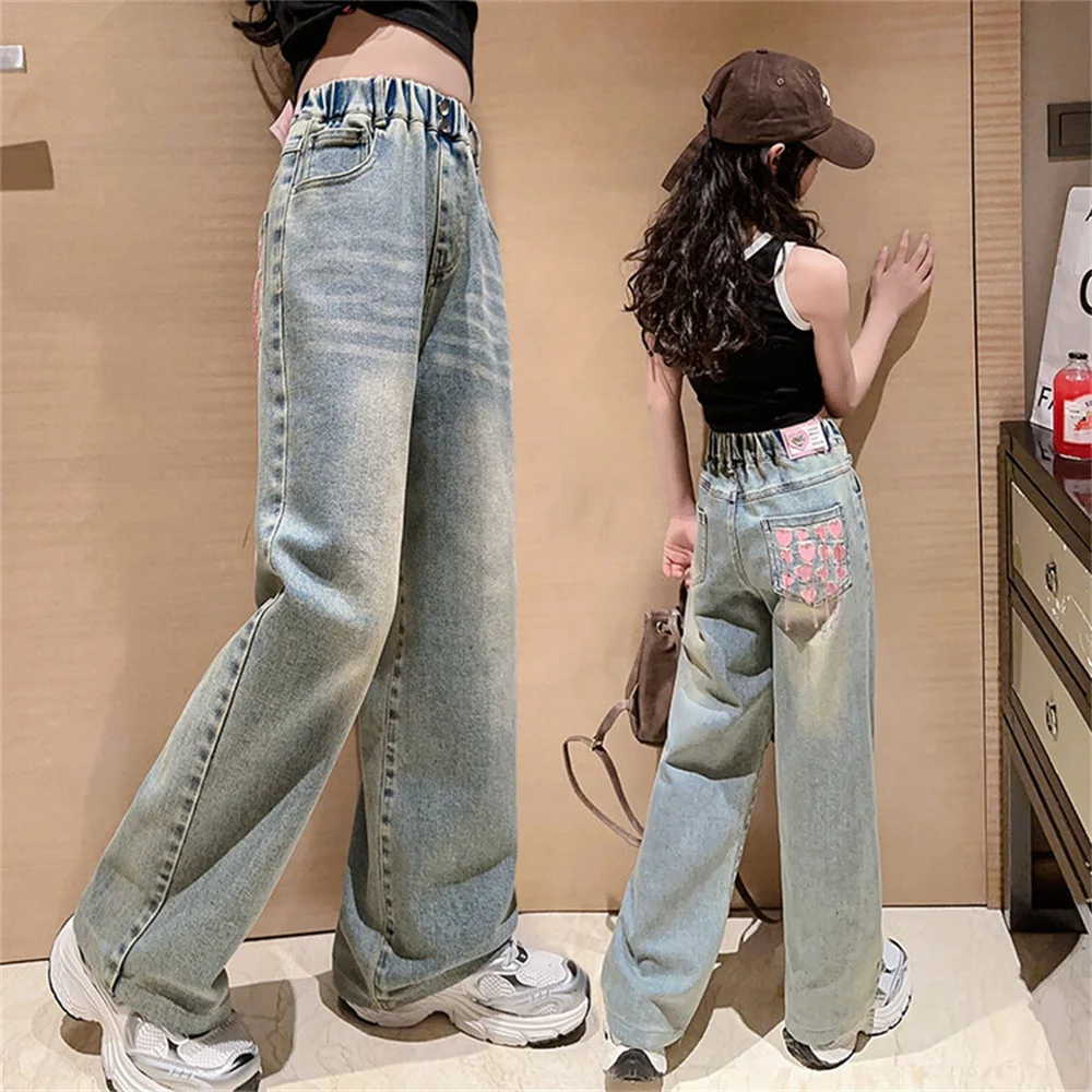 24006 자수 와이드 레그 팬츠, 패셔너블한 어린이 청바지, 여아 데님 청바지, 루즈한 캐주얼 바지