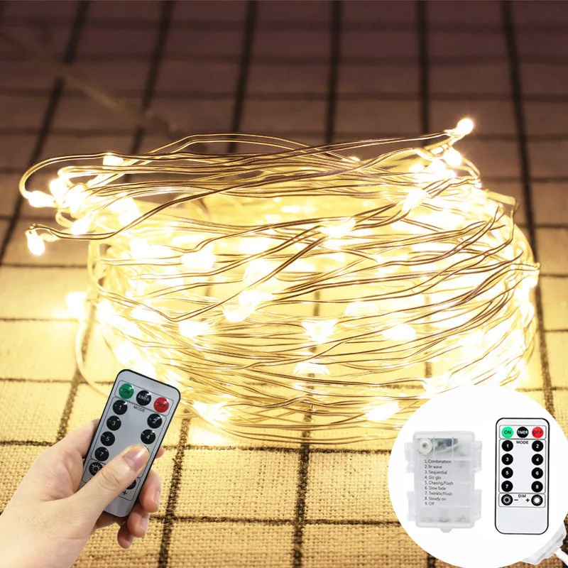 

Copper Wire Light Garland Christmas Wedding Party Decor Remote LED Fairy Lamp Waterproof 8 Mode String Light AA Battery Operated