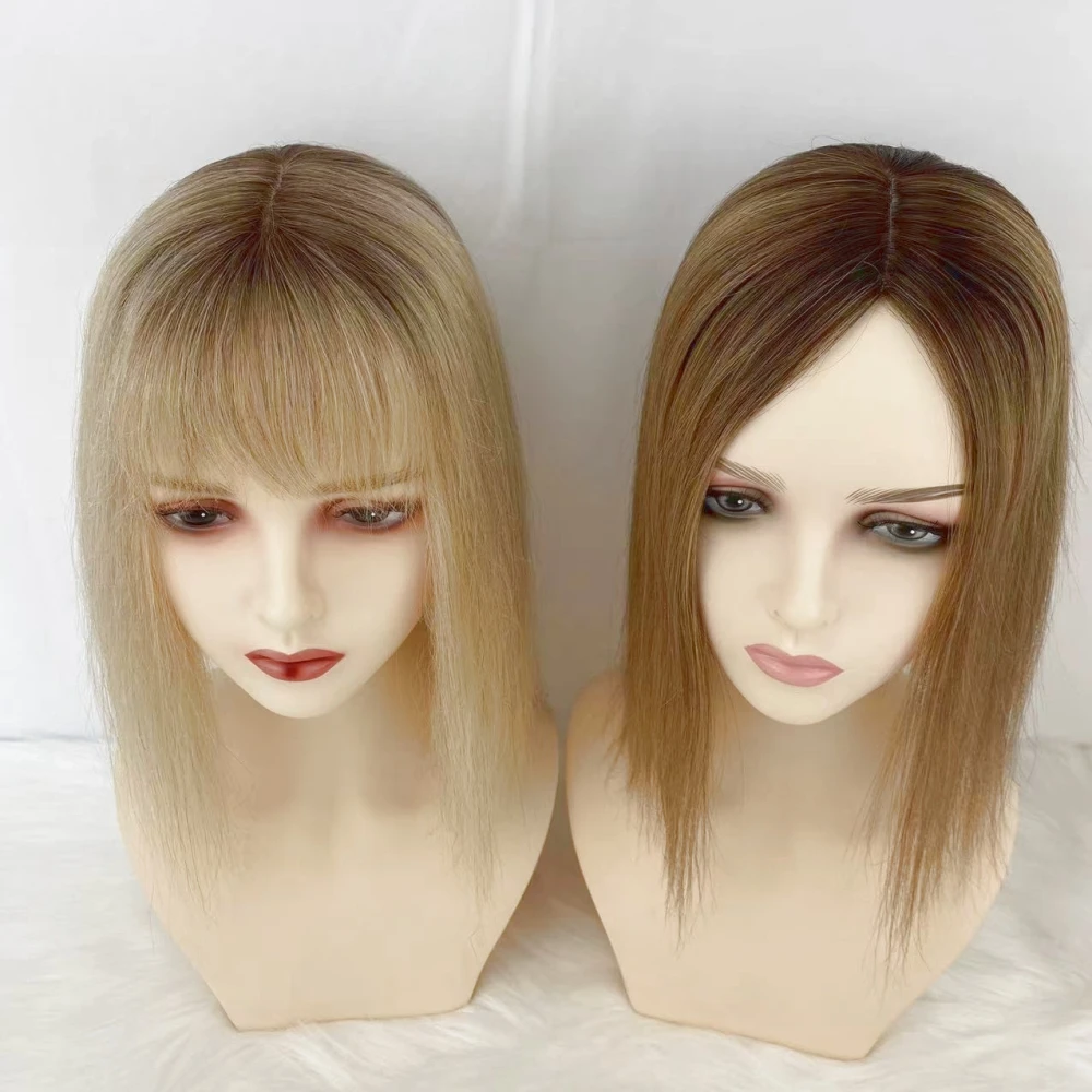 Brown Blonde Ombre Remy Human Hair Women Topper With Fringe #4/60 Two Tone Fine Hair Pieces Overlay Air Bangs 14inch 4X5.5inch
