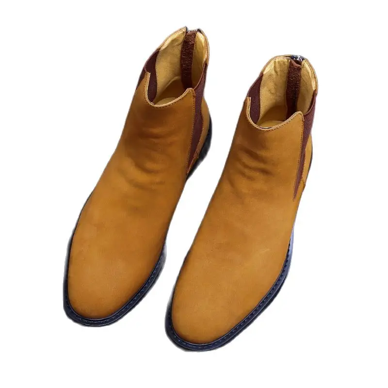

90915-1 Spring Chelsea Boots Men's Round Toe High-Top Wholesale Cowhide Suede Slip-on Large Size Business Boots Men