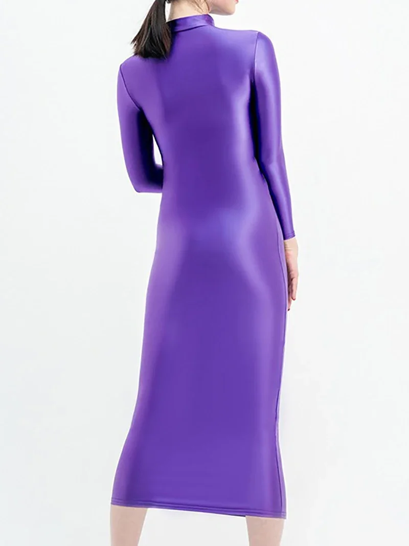 Girl dance costume Women Glossy Shiny Buttocks Sexy Jumpsuit Elastic Silk Smooth Dress High Neck Long Sleeve Dancewear Night Club Party Costume