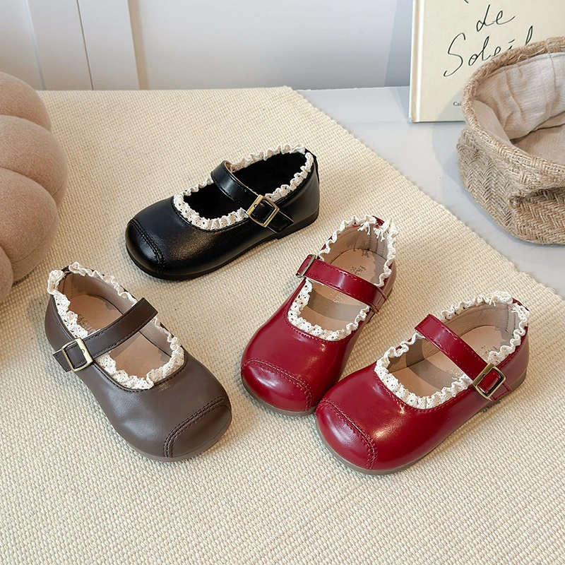 Children's Flats Sweet Ruffled Edge Girls Fashion Leather Shoes Princess Spring Autumn Kids Causal Ballet Dress Mary Jane Shoes