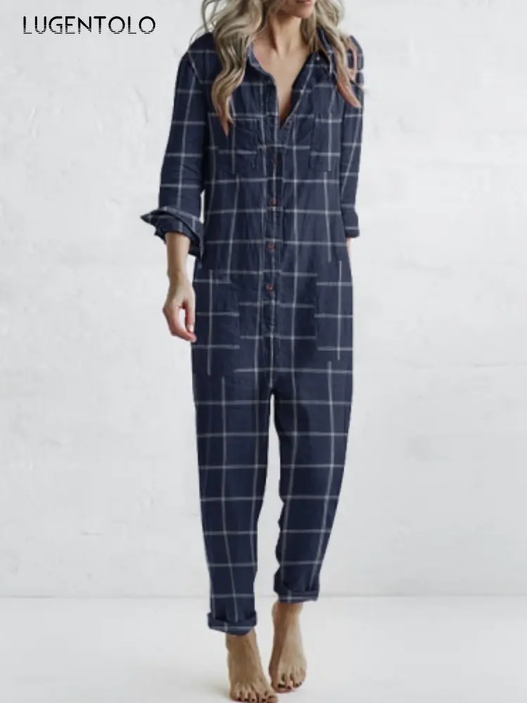 

Shirt Plaid Jumpsuit Women Casual Slim Long Sleeve 2023 New Single-breasted Simple Solid Long Trousers Cargo Pants