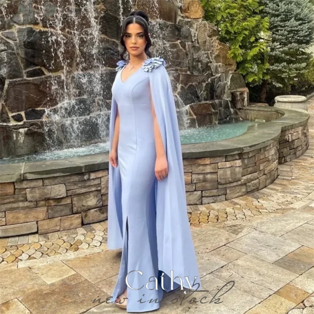 

Cathy Misty Blue Prom Dresses Jersey Mermaid فساتين السهرة Undetachable Shawl Side Low Split High V-neck vestidos de fiesta 2024