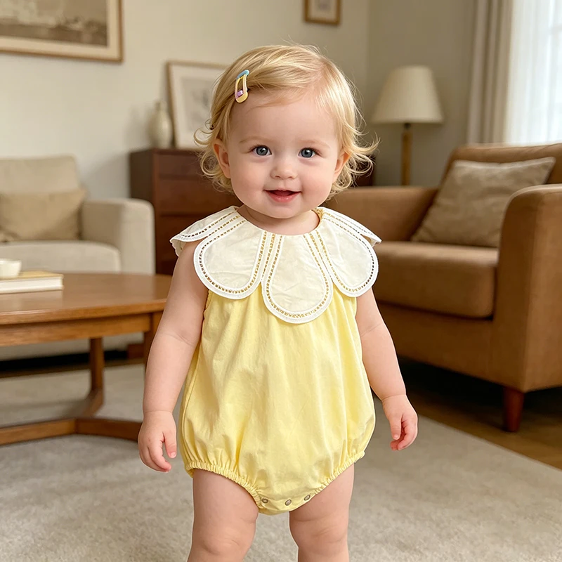 2026 Sommer Baby Mädchen Kleidung Blütenblatt-Kragen Neugeborenen Baby Mädchen Strampler 0-24M Baumwolle Patchwork Kleinkind Baby Mädchen Ärmelloser Jumpsuit