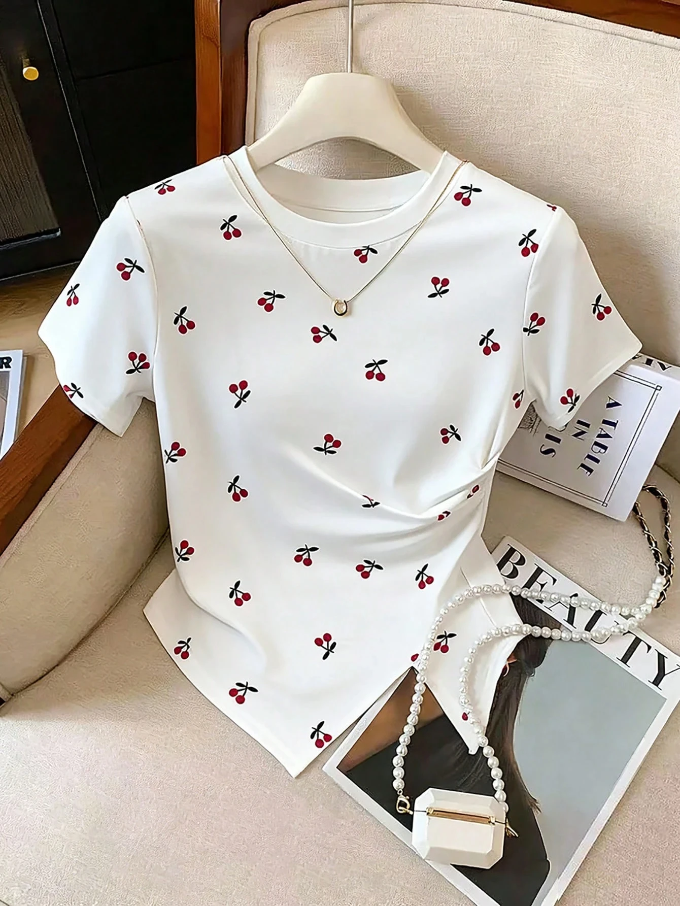 Ladies Spring Summer Casual Cherry Print Short Sleeve T-Shirt Asymmetrical Hem Base Shirt Bottoming Top 1
