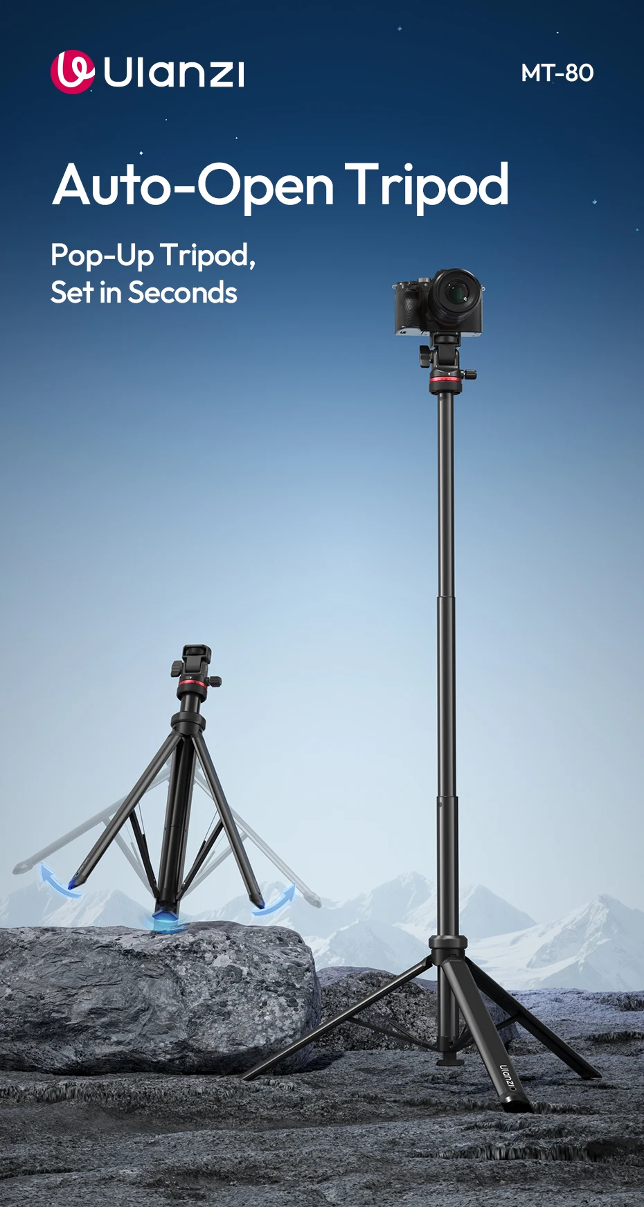Auto-Open Tripod 2M Ground Tripod Light Stand Selfie for Camera Smartphone Video