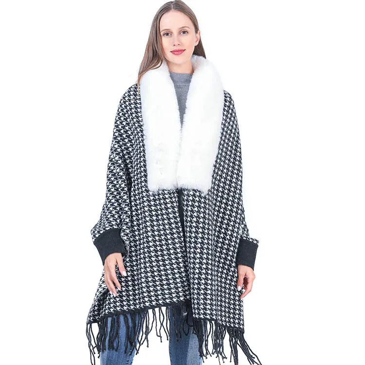 Autumn Winter New Imitation Wool Collar Knitted Shawl Women Warm Tassels Long Sleeve Poncho Lady Capes Cloaks