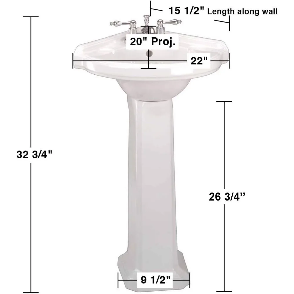 22" Corner Pedestal Bathroom Sink in White, with Overflow and Pre，Drilled 4" Centerset Faucet Holes, Easy，Clean Design 4