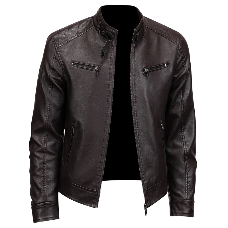 Men's Winter Solid Color Stand Up Collar Windproof Warm Coat Brand Leather Jackets Men's Luxury Clothing Vintage Leather Jacket leather jackets men winter jacket