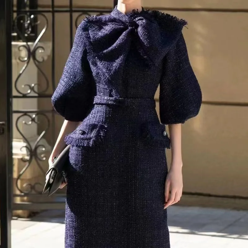 

High Quality Tweed Vintage 3D Bow Dress Women 2023 Autumn Winter Puff Sleeve Elegant Bodycon Dress Female High Waisted Clothing
