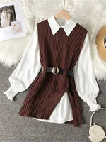 Spring Autumn Women's Lantern Sleeve Shirt Knitted Vest Two Piece Sets of College Style Waistband Vest Two Sets Top UK900 - Image 4