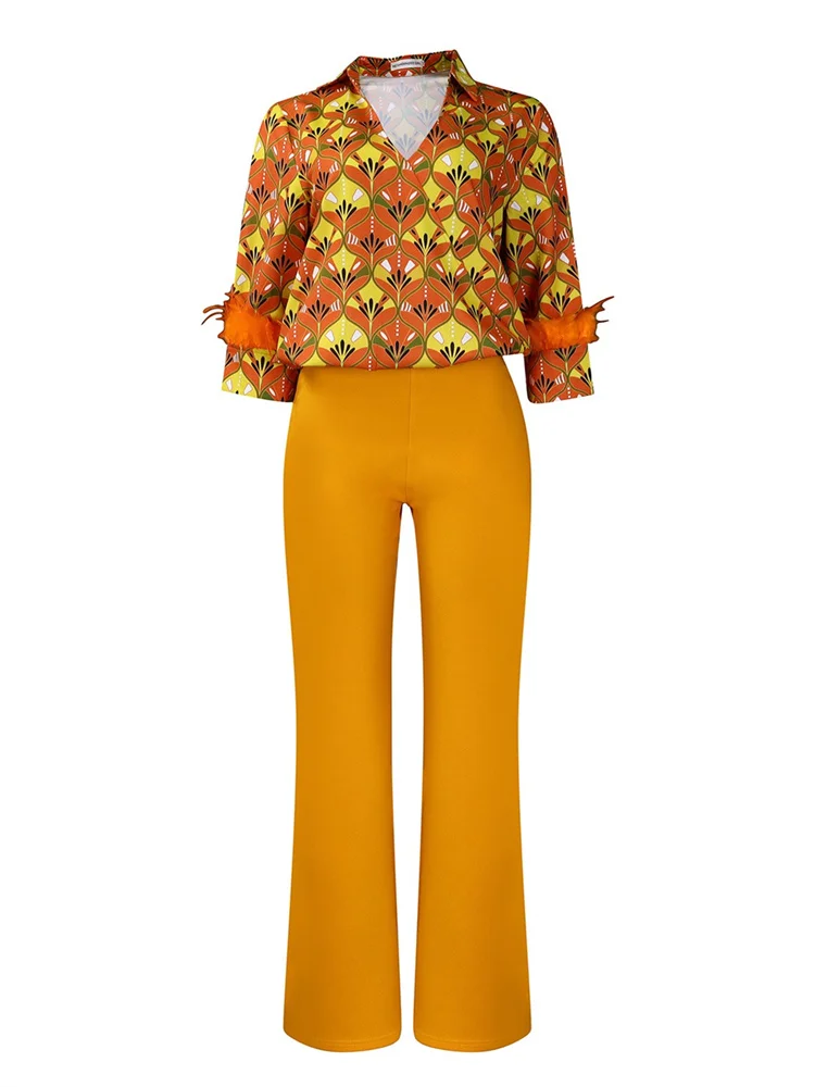 Wmstar Pant Sets Women Floral Print Feathers Long Sleeve 2 Piece Sets Woman Outfit New in Spring Clothes Wholesale Dropshpping