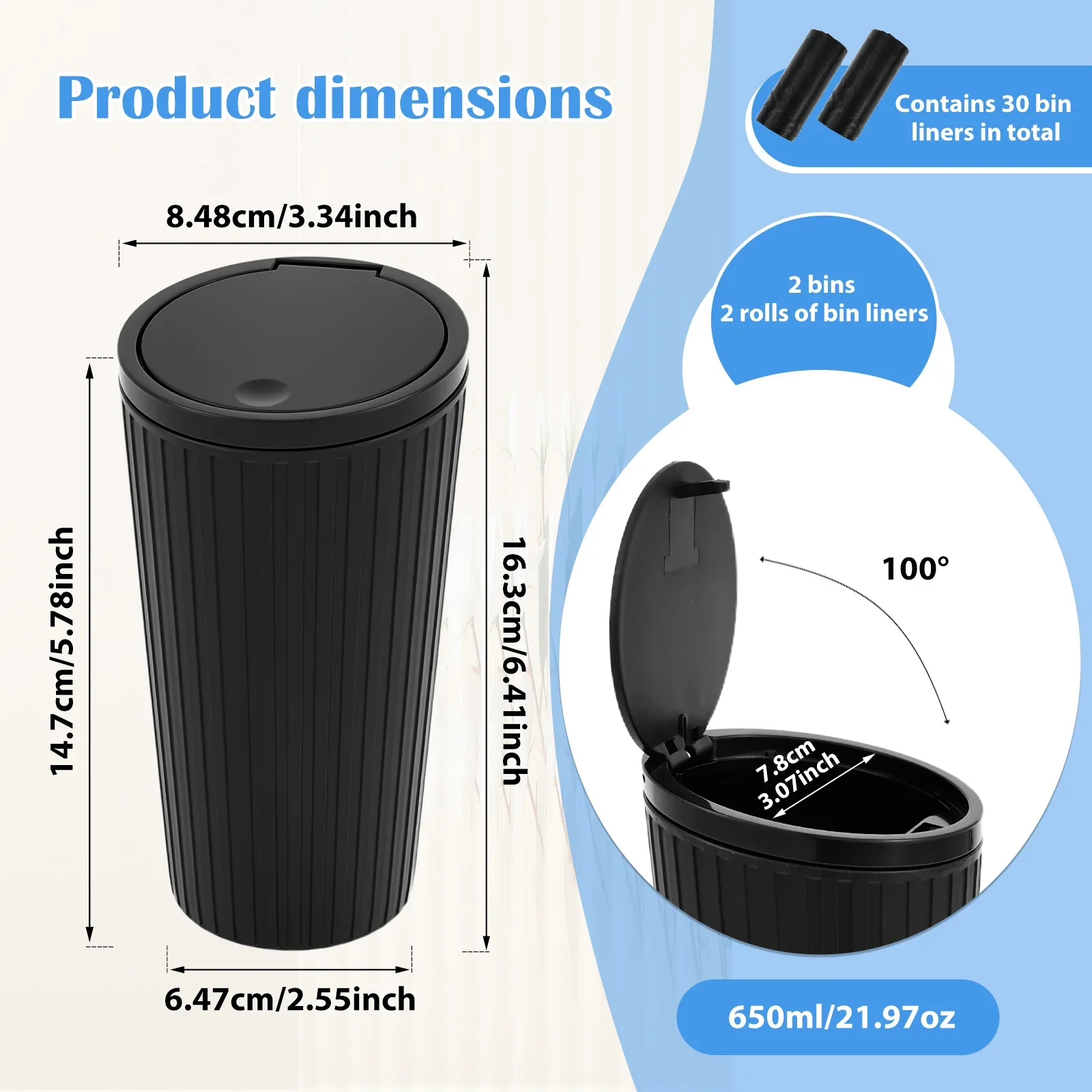 2개입 650ml 플라스틱 자동차 쓰레기통 뚜껑 포함, 간편 세척, 누수 방지, 차량 도어 포켓/시트 뒷면 포켓용 차량 쓰레기통