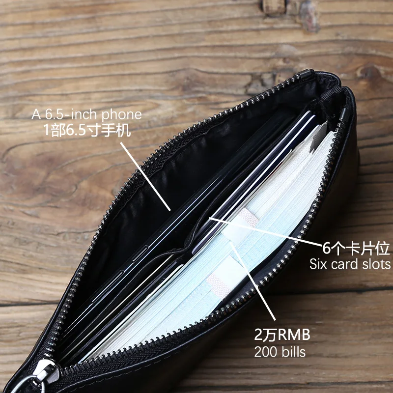 NZPJ Genuine Leather Men's Clutch Top Layer Cowhide Long Zipper Wallet Soft Leather Women's Wallet Large Capacity Thin Phone Bag