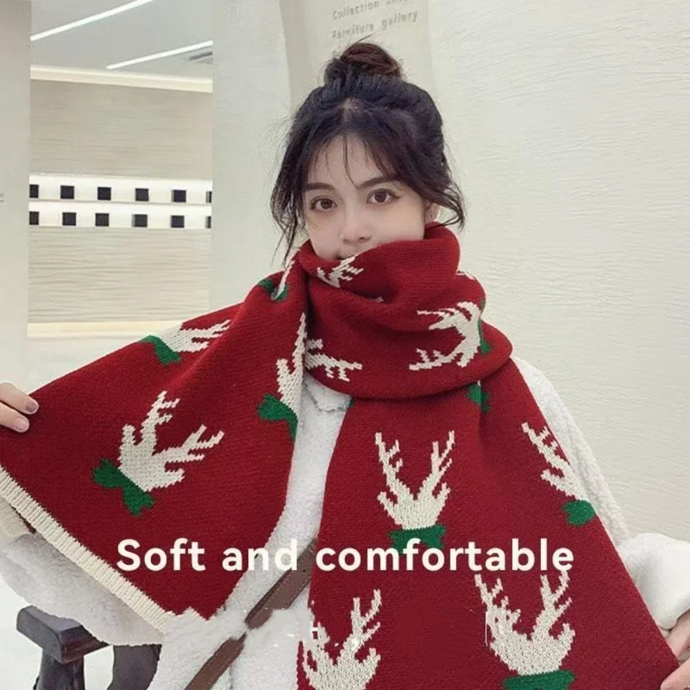 Winter Warm Scarf Christmas Reindeer Elk Snowman Knitted Scarf Soft Yarn Neck Wrap Scarf Couple Women Girls Christmas Gifts