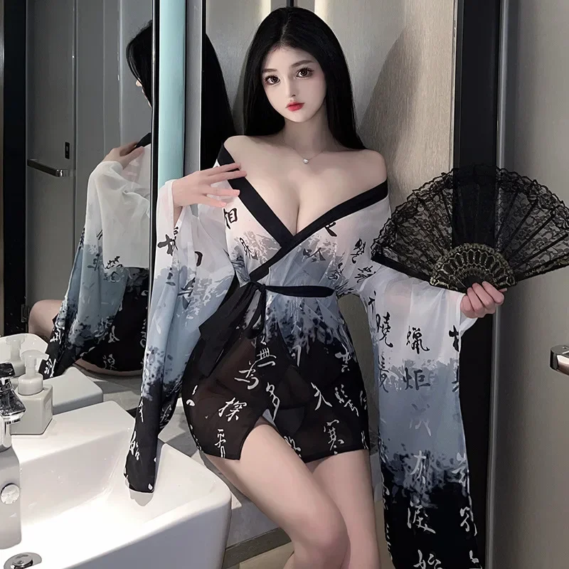 

Sexy Women Japanese Kimono Lingerie Sensual Bathrobe Fetish Costume See Through Nightgown Panties Seductive Nightwear Babydolls