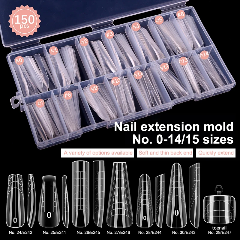 150Pcs/Box Dual Forms Nail Extension Molds - Square Coffin Almond False Nail Tips, UV Gel Quick Building Manicure DIY Tools
