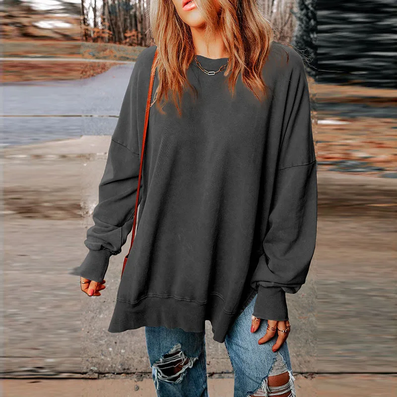 Women's Monochromatic Round Neck Pullover, Casual Hoodie Top, Loose Long Sleeve Sweatshirt, Make Old Blouse, Autumn Fashion, New