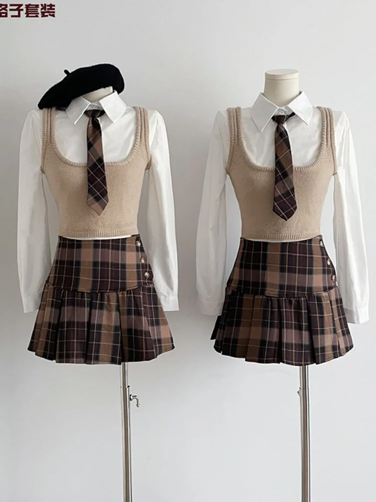 

Милый модный костюм в стиле преппи, комплект из 3 предметов с юбкой, блузка с круглым воротником + Трикотажный жилет + винтажная клетчатая плиссированная юбка Gyaru