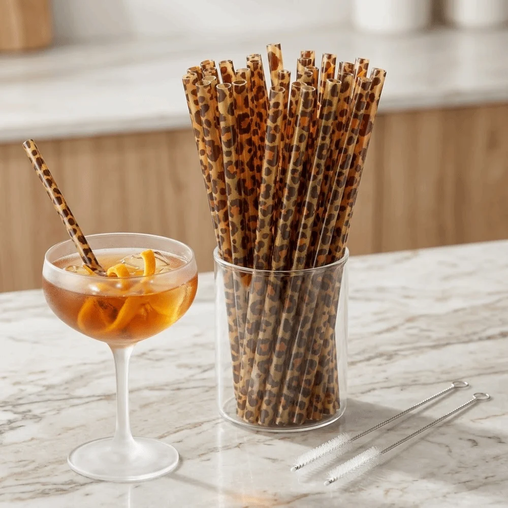 Eco-Friendly Reusable Leopard Print Drinking Straws - Durable and Trendy