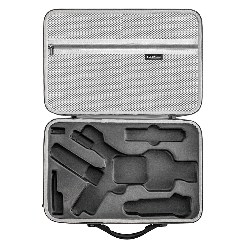 Étui de transport PU pour DJI RS5 porté en bandoulière, gris, avec le stabilisateur à l'intérieur.
