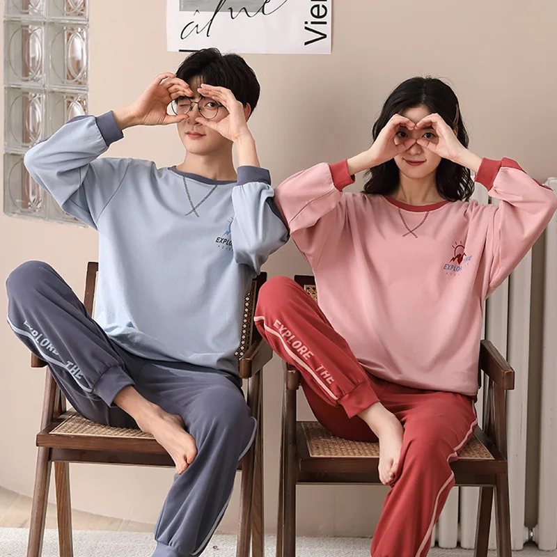 цена 2023 Cotton Pajamas Set For Couples Spring Autumn Long Sleeves Sleeping Top & Long Pant Nightwear For Women and Men Pyjamas