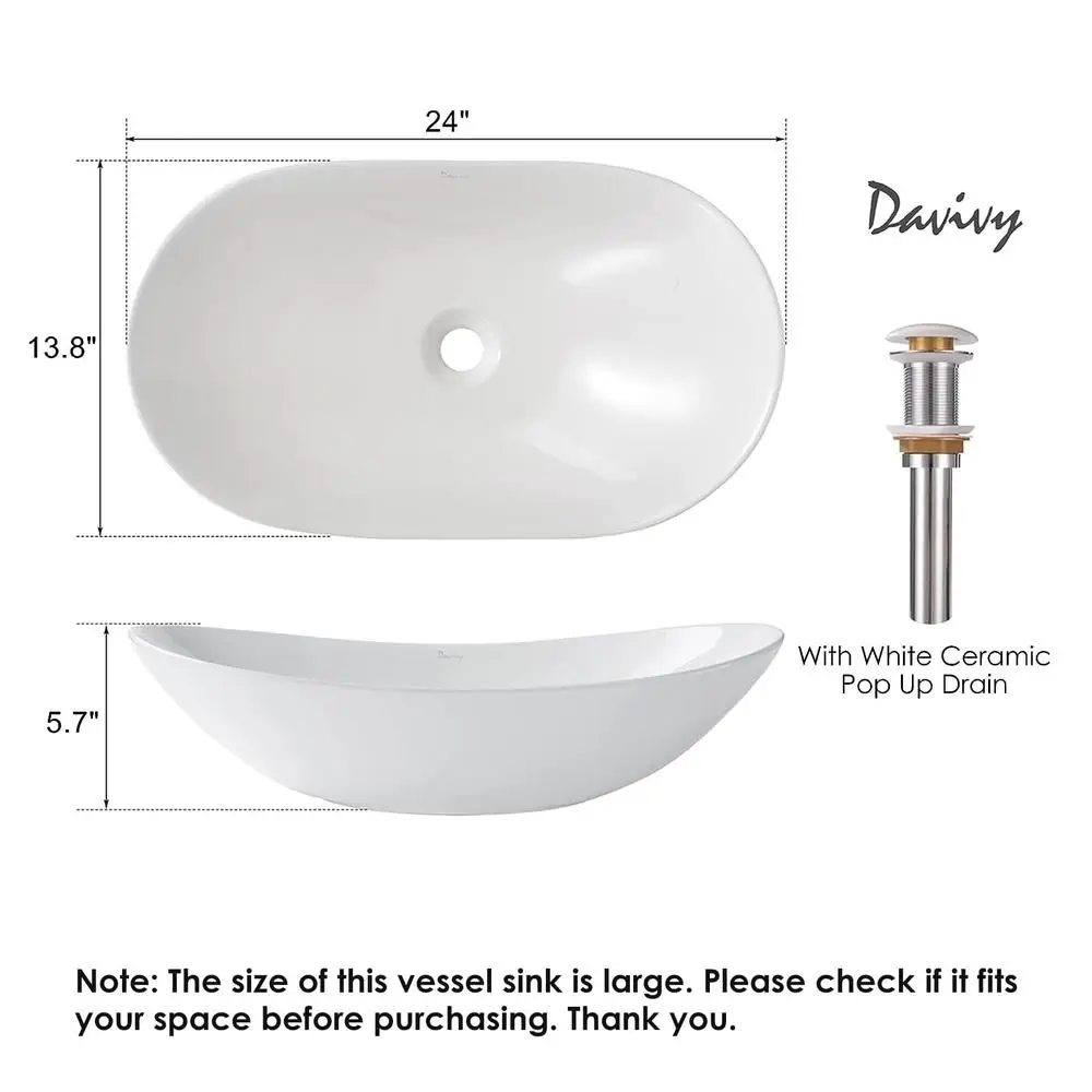 Large Oval Ceramic Vessel Sink with Pop Up Drain Bathroom Above Counter Sink White Nordic Style Easy Install High-Temperature 4