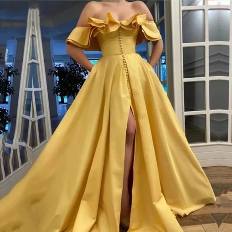 

Yellow Prom Dresses Women 2023 Simple Off the Shoulder Ruffles Button Satin A-line Slit Long Party Dress robe de soiree femmes