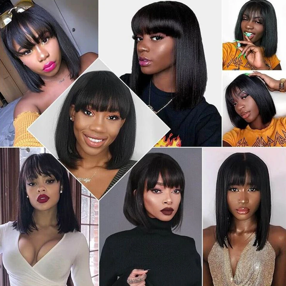 Straight Bob Human Hair Wigs With Bangs Short Brazilian 150density For Woman No Lace Full Machine Made human hair wigs