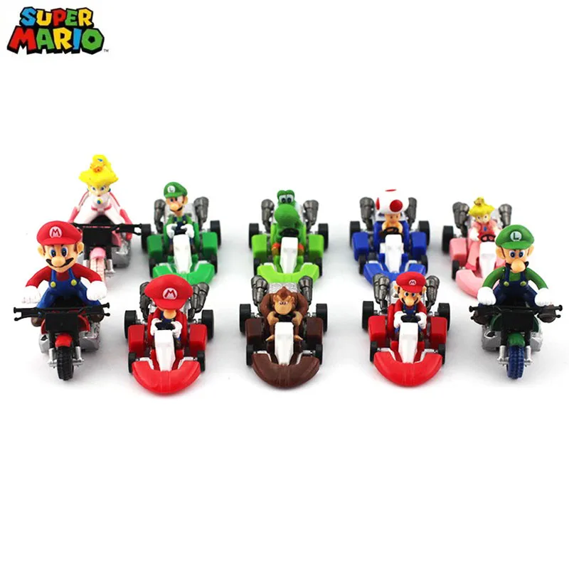 10 Pz/6 Pz Set Super Marios Bros Yoshi Luigi Wario Donkey Kong Figura Modello Tirare Indietro Auto Anime Periferiche Ornamenti Giocattoli Regali