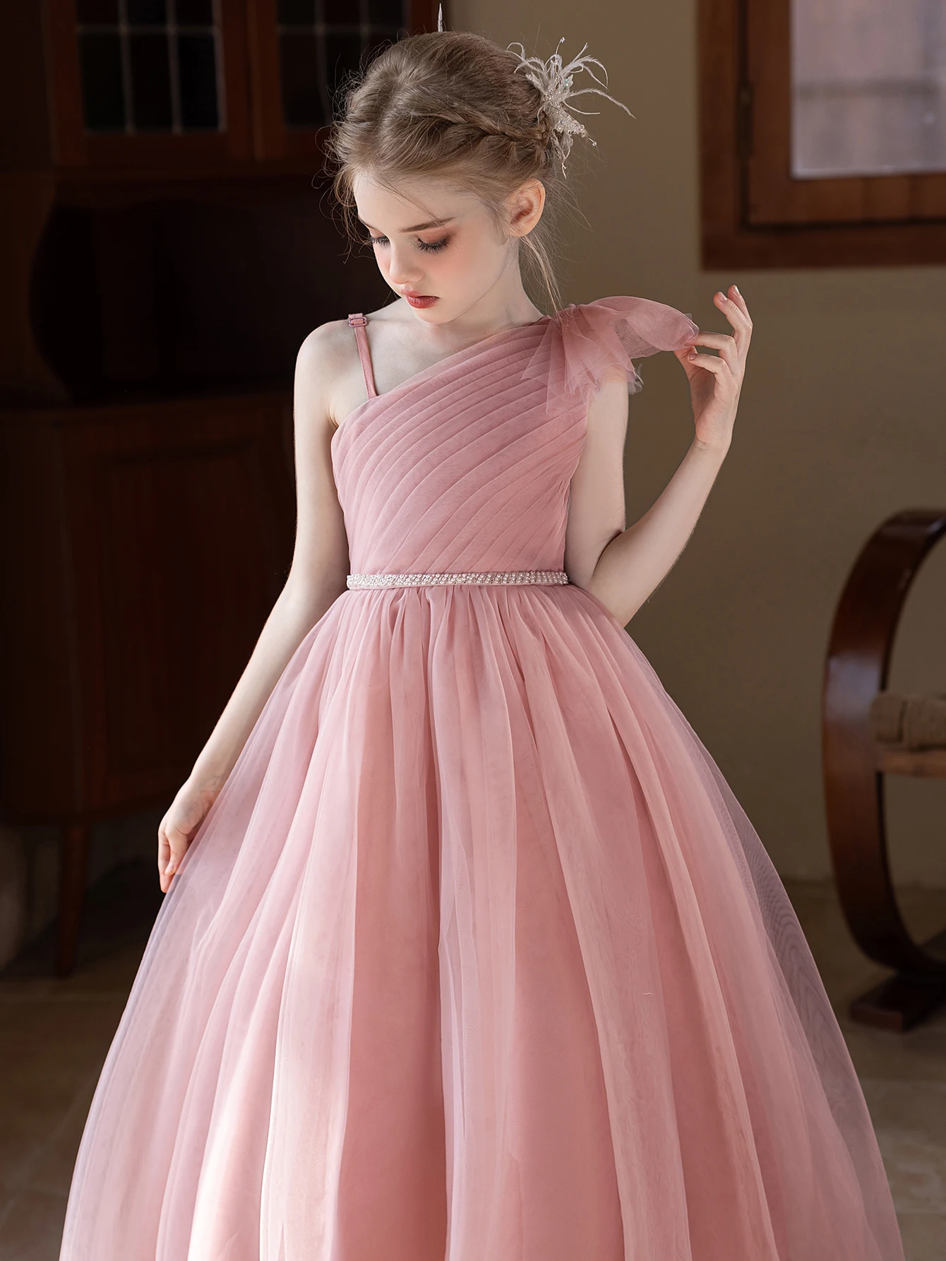 Girl's Elegant Pink One-Shoulder Puff Dress