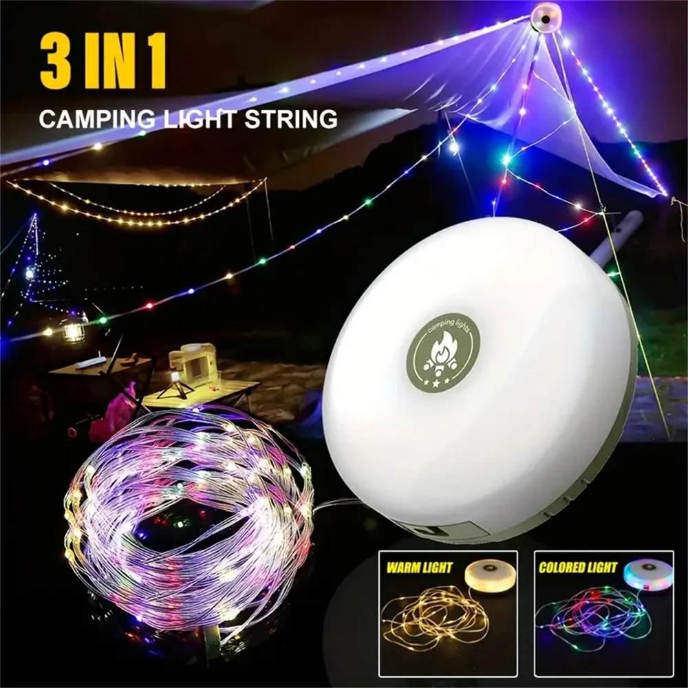10M Camping String Light 3-in-1 Tent Light Rechargeable RGB&Warm 8 Mode Outdoor/Indoor Hanging LED Fairy For Camping