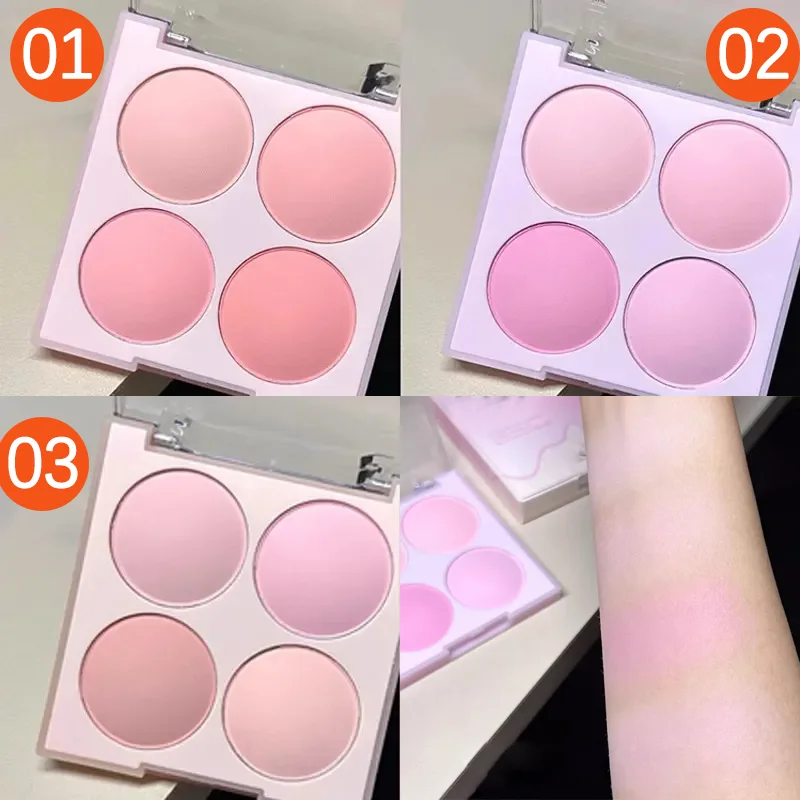 Matte 4-color blush palette,Pink,purple Sweat-proof waterproof natural nude makeup outline carmine purple series, daily outing 4