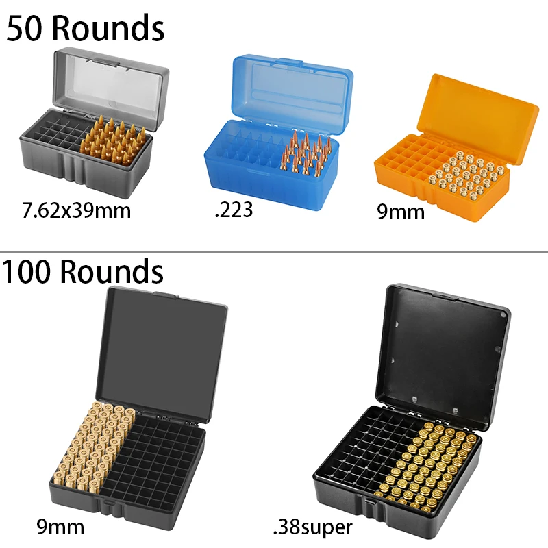 Ammo Storage Box .38super 7.62x39 .223 9mm 100/50 Rounds Bullet Box for Outdoor Hunting Shooting Sports
