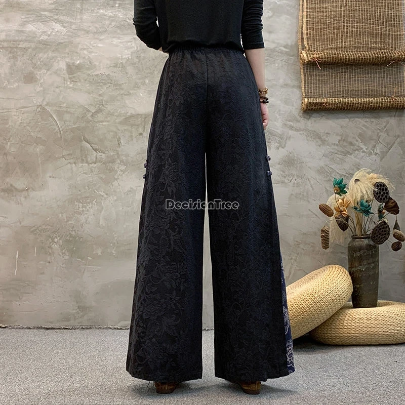 Chinese Style Button Design Loose Comfortable Casual Wide Leg Retro Embroidery Cotton Linen Pants
