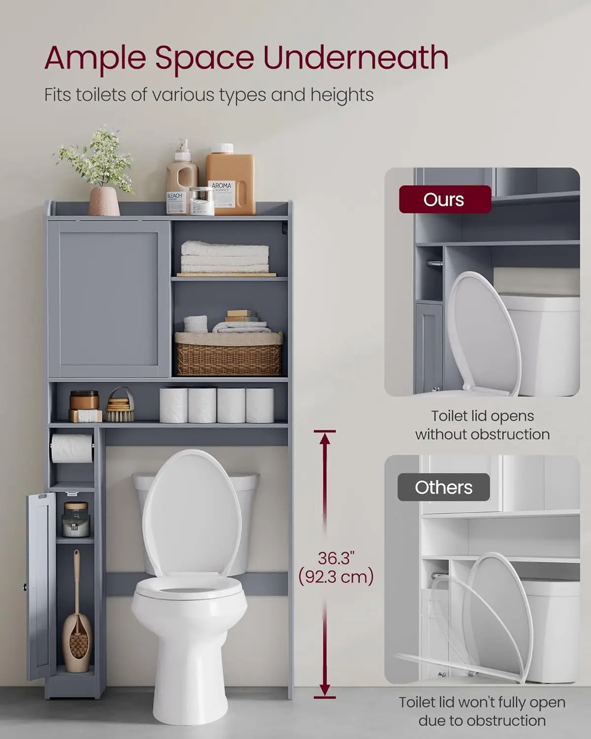 Over The Toilet Storage Shelf, Bathroom Storage Cabinet with Sliding Door, Adjustable Shelves, Toilet Paper Holder, Space-Saving