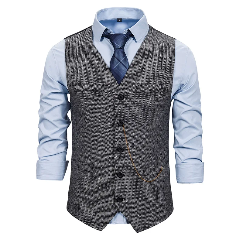 Men's Cheered Chain Single Button Vest Jaet Stand Fit Youthful Spring Faion Tailor's Vest European Sle Waistcoat