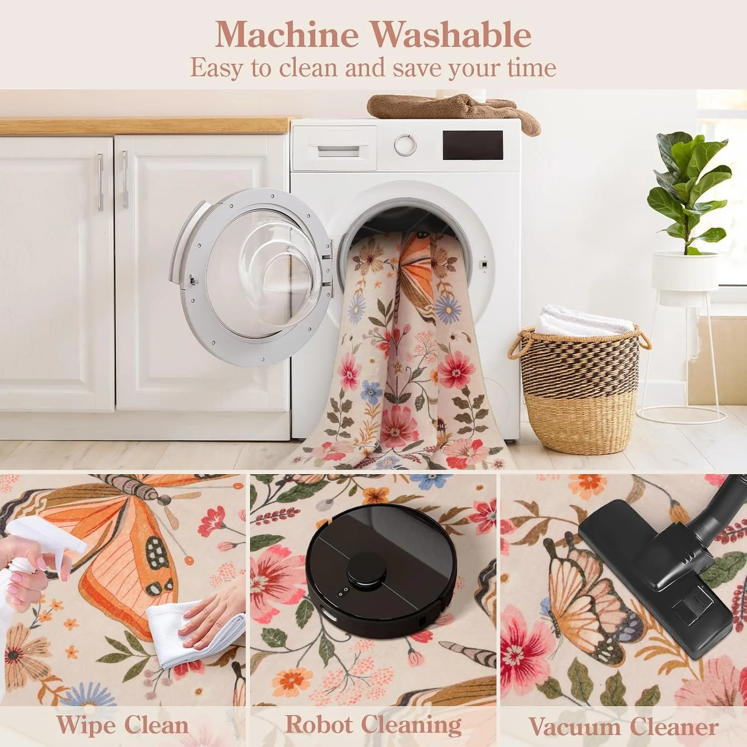 Machine Washable Rugs Soft Non Slip Pink Carpet for Living Room Butterfly Floral Print Floor Mat Bedroom Bedside Plush Rug Ковер 6