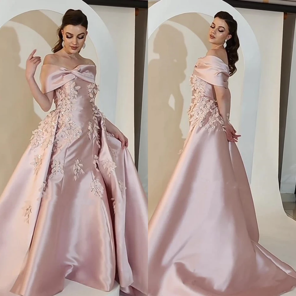 

Prom Dress Saudi Arabia Modern Style Off The Shoulder Ball Gown Beading Appliques Satin Bespoke Occasion es
