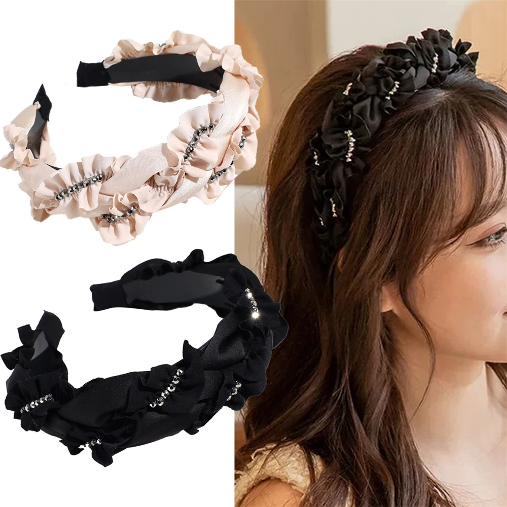 

Wide Solid Color Rhinestone Headband Retro Women Fragmented Hair Outdoor Yoga Turban Hairband Hair Accessories For Girl Headwear