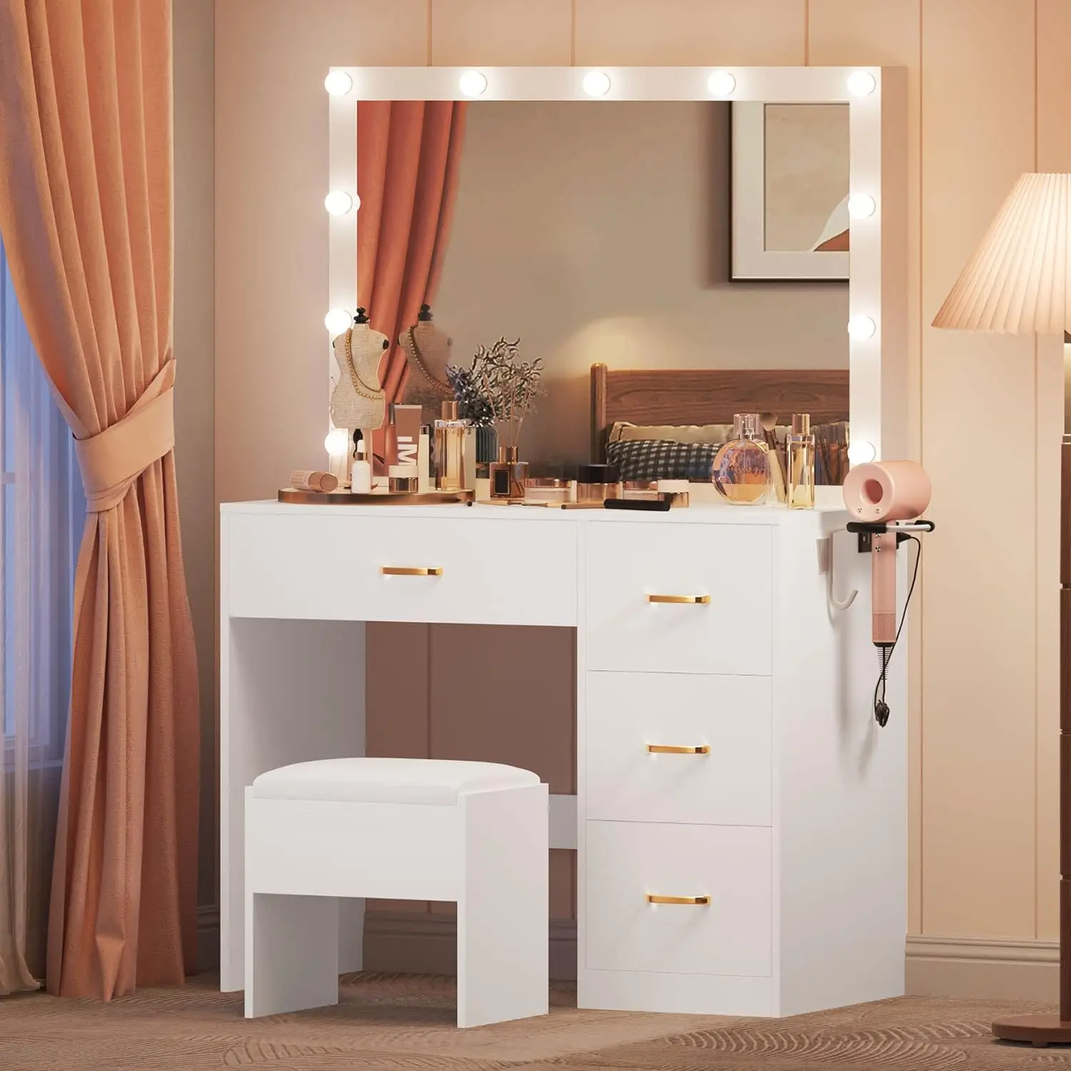 

DWVO Makeup Vanity with Large Lighted Mirror, Vanity with Power Outlet, 3 Color Lighting Modes, Adjustable Brightness, 4 Drawers