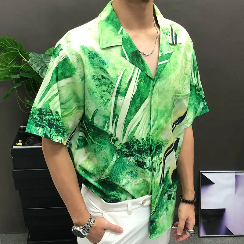 

Casual Holiday Printed Shirt Fashion Loose Short Sleeve Lapel Collar Cardigan Shirt Men Camiseta Manga Longa Masculina Green