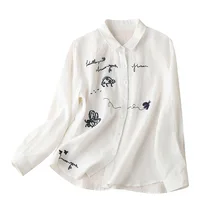 

2022 Spring White Tops Mujer Shirts Women Linen Turn-down Collar Back To The Basics Animal Embroidery Thin White Blouse
