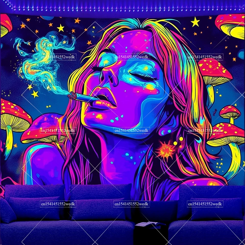 Blacklight Tapestry UV Reactive Glow In The Dark Smoking Jellyfish Girl Neon Tapestry Aesthetic Room Decor tapestry decorations
