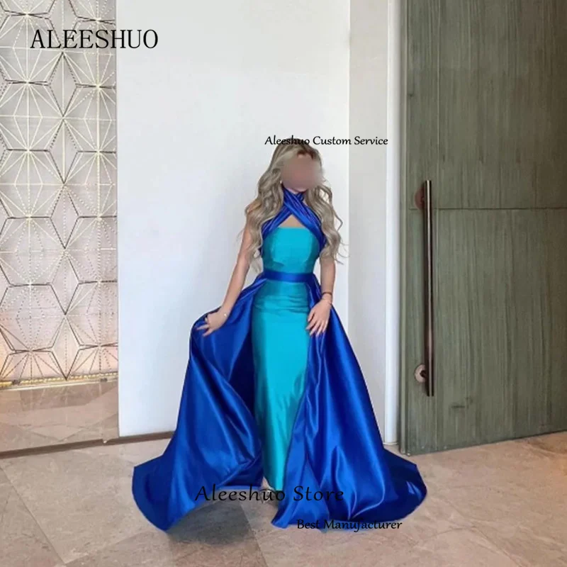 Aleeshuo-azul sereia cetim vestido de baile, sem mangas vestido de festa, comprimento do tornozelo, para as mulheres, 2024