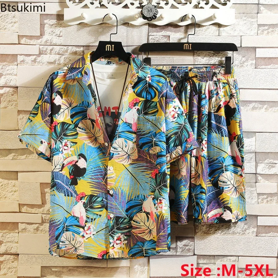 mens hawaiian printing short outfit summer casual floral shirt beach shorts two piece suit 2021 new fashion men sets m 3xl New 2023 Men's Summer Casual 2Pieces Sets Hawaiian Shirts + Beach Shorts Sets for Men Streetwear Floral Print Holiday Suits Sets