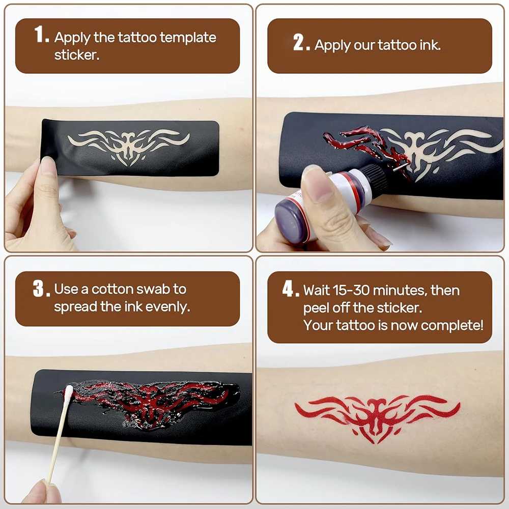 8 Bottles Temporary Tattoo Kit 8 Color Temporary Tattoo Ink with 62 Tattoo Stencils for Halloween Body Paint Art DIY Fake Tattoo - 6