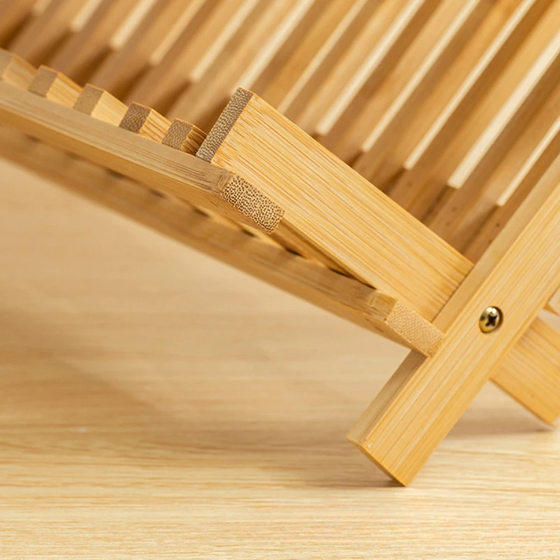 Folding Bamboo Dish Drainer Utensil Drying Rack Holder Wooden Plate Storage Rack Kitchen Space-Saving Dish Organizer
